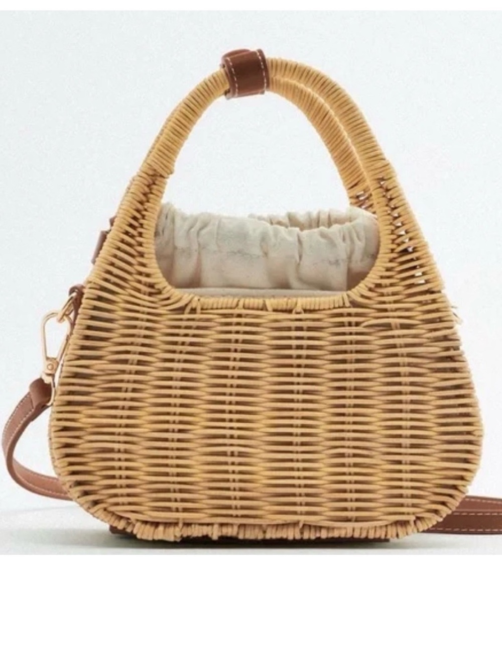 ZARA Woven Rattan Top-Handle Bag with Cream Drawstring Liner (158)